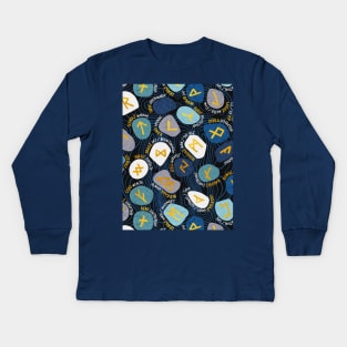 Mystical Viking Runes // pattern // black background blue grey and teal stones golden letters of the runic alphabet Kids Long Sleeve T-Shirt